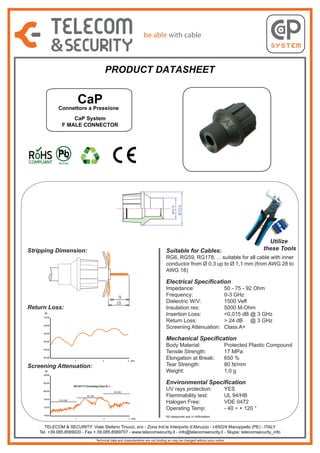 PRODUCT DATASHEET

CaP

Connettore a Pressione
CaP System
F MALE CONNECTOR

Stripping Dimension:

Utilize
these Tools

Suitable for Cables:

RG6, RG59, RG178, ... suitable for all cable with inner
conductor from Ø 0,3 up to Ø 1,1 mm (from AWG 28 to
AWG 18)

Electrical Specification
Impedance:
Frequency:
Dielectric W/V:
Insulation res:
Insertion Loss:
Return Loss:
Screening Attenuation:

Return Loss:
dB
-10.00
-20.00
-30.00

Mechanical Specification

-40.00
-50.00
-60.00
1

Screening Attenuation:

2

3 GHz

dB

-40.00
-60.00

UV rays protection:
Flammability test:
Halogen Free:
Operating Temp:

(85 dB)
(95 dB)
(105 dB)

-120.0
-140.0
1

2

Body Material:
Tensile Strength:
Elongation at Break:
Tear Strength:
Weight:

Protected Plastic Compound
17 MPa
650 %
80 N/mm
1,0 g

Environmental Specification

EN 50117 Screening Class A++

-80.00
-100.0

50 - 75 - 92 Ohm
0-3 GHz
1500 Veff
5000 M-Ohm
<0,015 dB @ 3 GHz
> 24 dB @ 3 GHz
Class A+

3 GHz

YES
UL 94/HB
VDE 0472
- 40 ÷ + 120 °

All measures are in millimeters

TELECOM & SECURITY: Viale Stefano Tinozzi, snc - Zona Ind.le Interporto d’Abruzzo - I-65024 Manoppello (PE) - ITALY
Tel. +39.085.8569020 - Fax +.39.085.8569707 - www.telecomsecurity.it - info@telecomsecurity.it - Skype: telecomsecurity_info
Technical data and characteristics are not binding an may be changed without prior notice

 