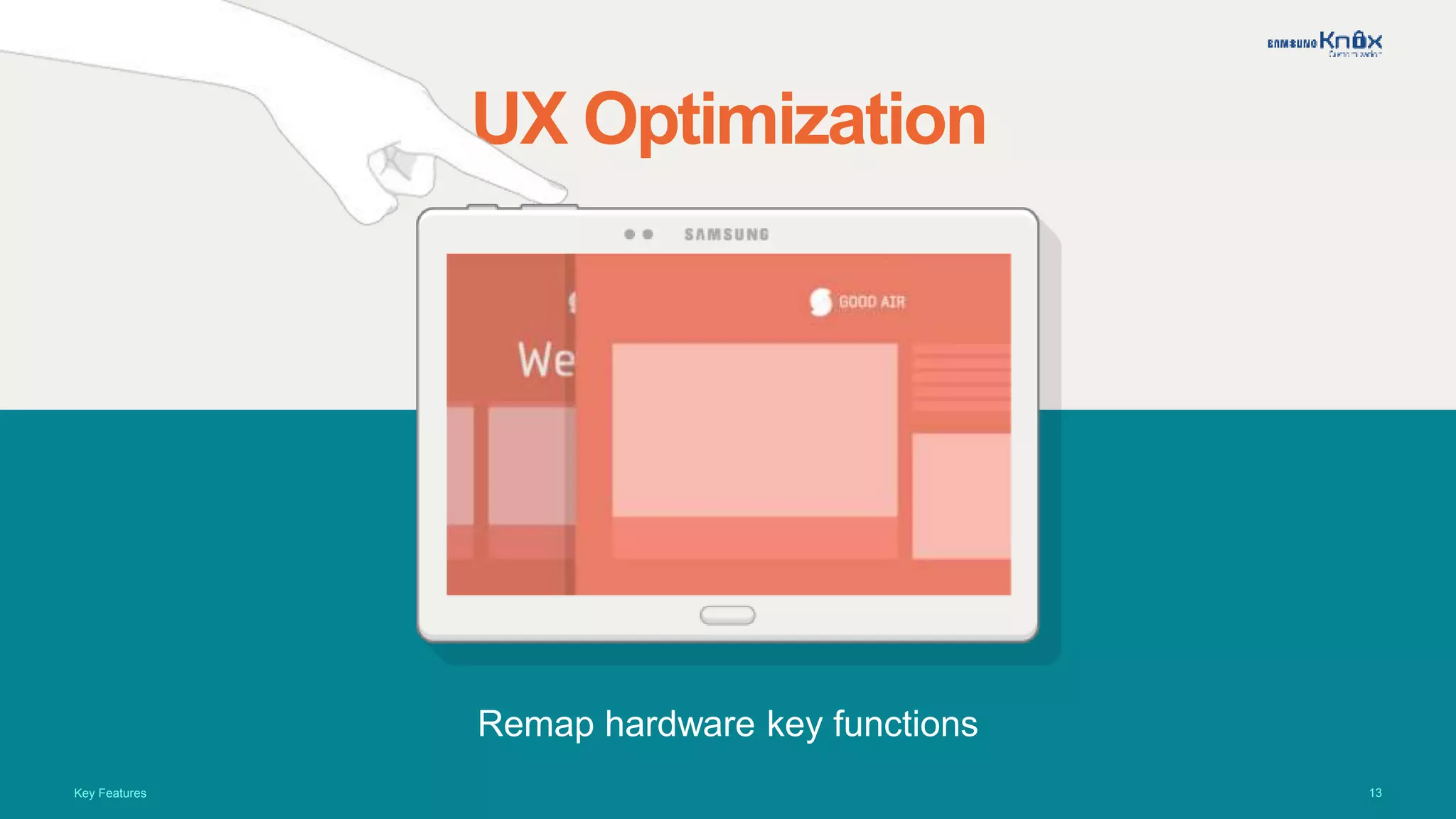 13
UX Optimization
Remap hardware key functions
Key Features
 