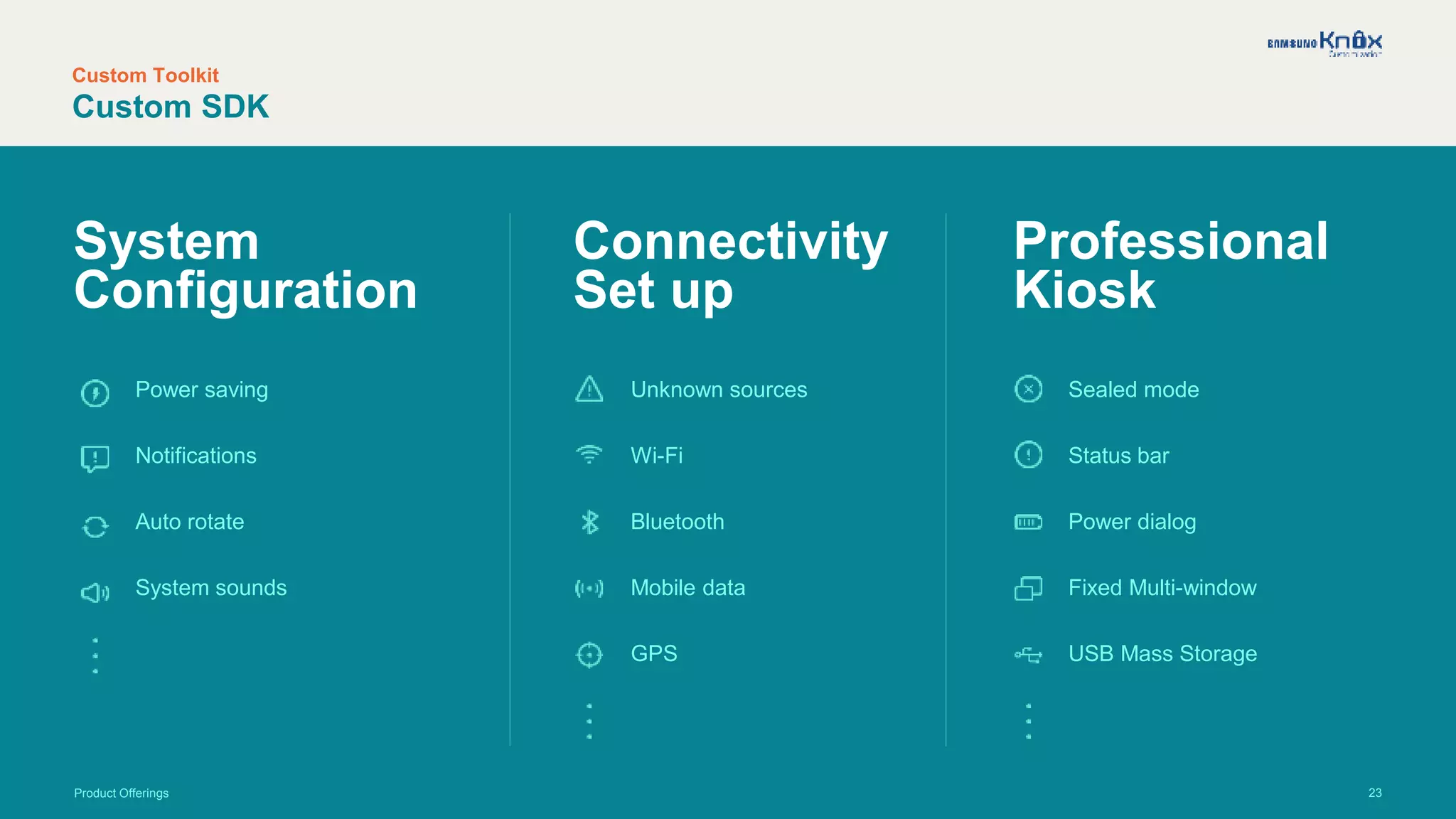23
System
Configuration
Connectivity
Set up
Professional
Kiosk
Sealed mode
Status bar
Power dialog
Fixed Multi-window
USB Mass Storage
Product Offerings
Power saving
Notifications
Auto rotate
System sounds
Unknown sources
Wi-Fi
Bluetooth
Mobile data
GPS
Custom Toolkit
Custom SDK
 
