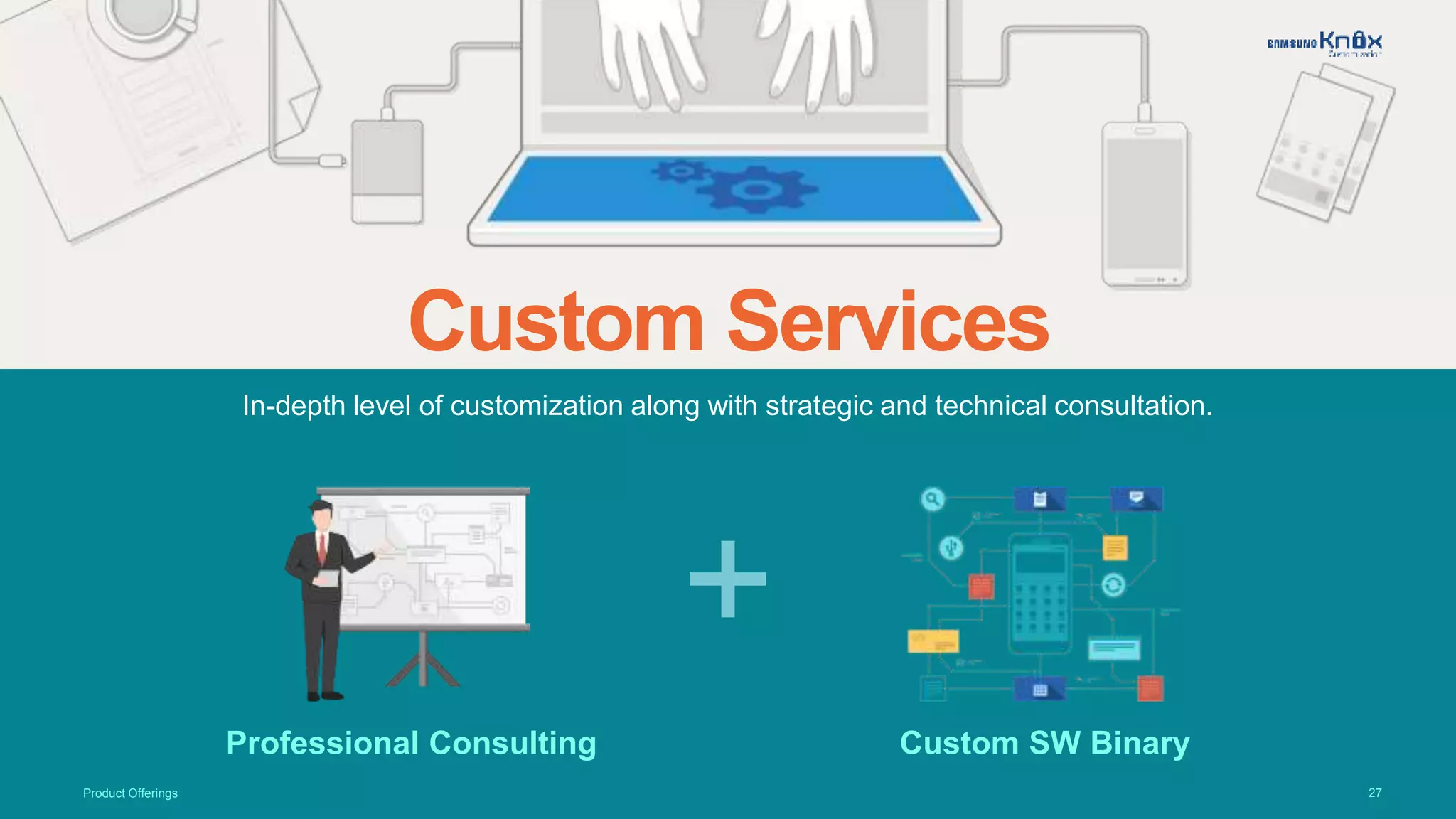 27
In-depth level of customization along with strategic and technical consultation.
Custom Services
Product Offerings
Professional Consulting Custom SW Binary
+
 