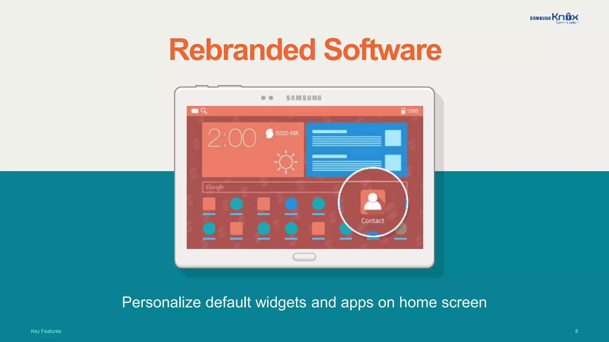 8
Rebranded Software
Personalize default widgets and apps on home screen
Key Features
 