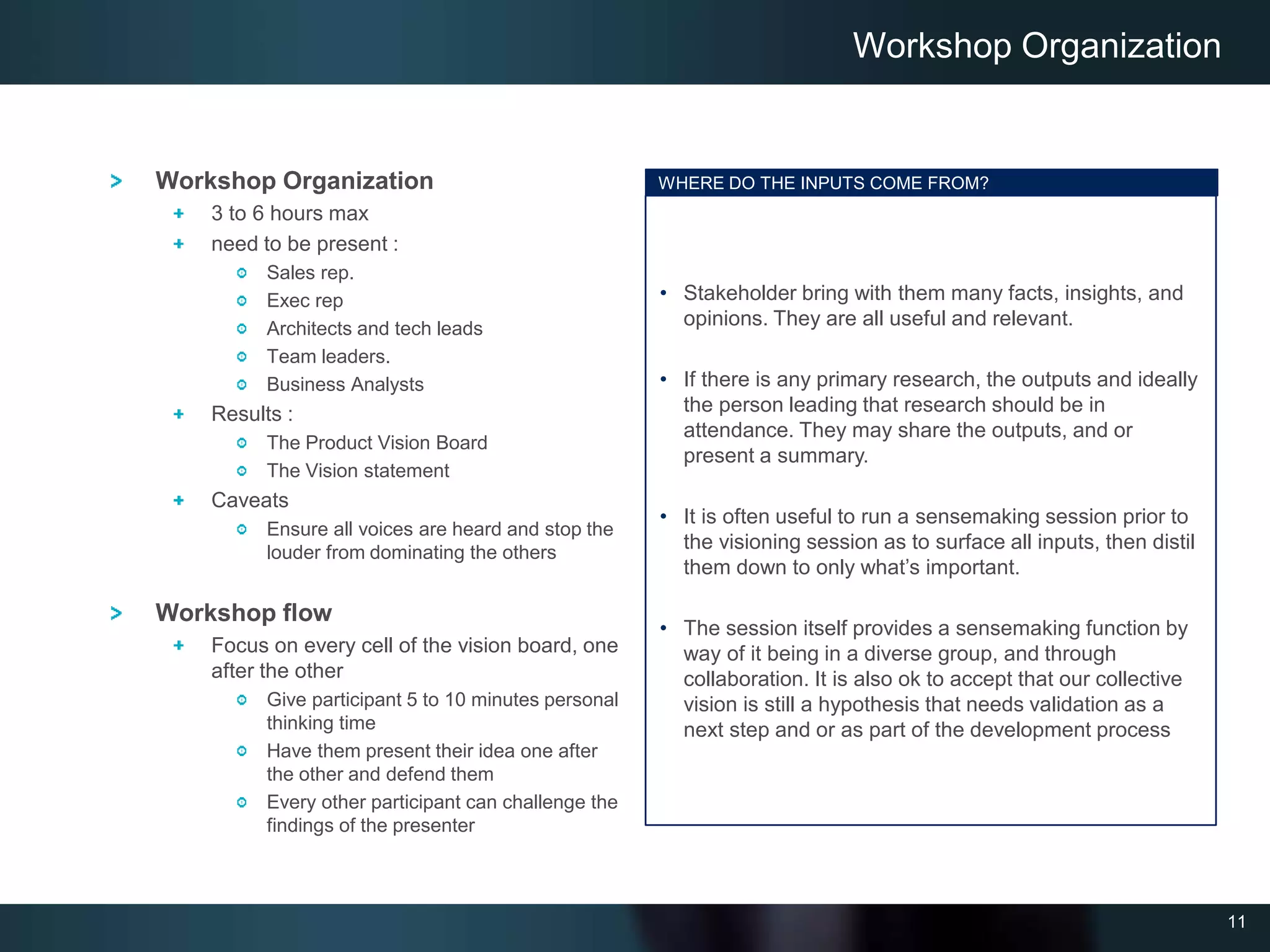 11
Workshop Organization
3 to 6 hours max
need to be present :
Sales rep.
Exec rep
Architects and tech leads
Team leaders.
Business Analysts
Results :
The Product Vision Board
The Vision statement
Caveats
Ensure all voices are heard and stop the
louder from dominating the others
Workshop flow
Focus on every cell of the vision board, one
after the other
Give participant 5 to 10 minutes personal
thinking time
Have them present their idea one after
the other and defend them
Every other participant can challenge the
findings of the presenter
Workshop Organization
WHERE DO THE INPUTS COME FROM?
• Stakeholder bring with them many facts, insights, and
opinions. They are all useful and relevant.
• If there is any primary research, the outputs and ideally
the person leading that research should be in
attendance. They may share the outputs, and or
present a summary.
• It is often useful to run a sensemaking session prior to
the visioning session as to surface all inputs, then distil
them down to only what’s important.
• The session itself provides a sensemaking function by
way of it being in a diverse group, and through
collaboration. It is also ok to accept that our collective
vision is still a hypothesis that needs validation as a
next step and or as part of the development process
 