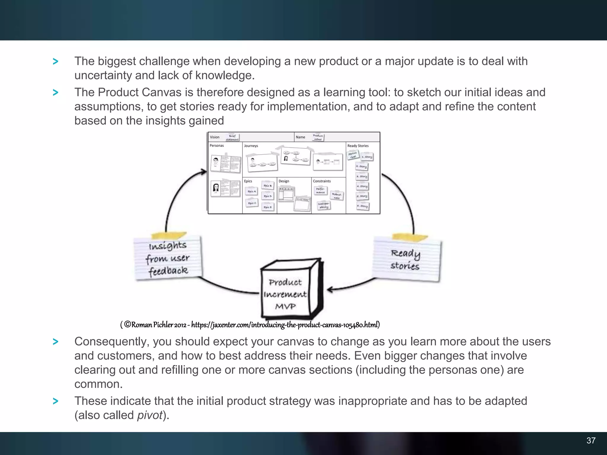 37
The biggest challenge when developing a new product or a major update is to deal with
uncertainty and lack of knowledge.
The Product Canvas is therefore designed as a learning tool: to sketch our initial ideas and
assumptions, to get stories ready for implementation, and to adapt and refine the content
based on the insights gained
Consequently, you should expect your canvas to change as you learn more about the users
and customers, and how to best address their needs. Even bigger changes that involve
clearing out and refilling one or more canvas sections (including the personas one) are
common.
These indicate that the initial product strategy was inappropriate and has to be adapted
(also called pivot).
( RomanPichler2012- https://jaxenter.com/introducing-the-product-canvas-105480.html)
 