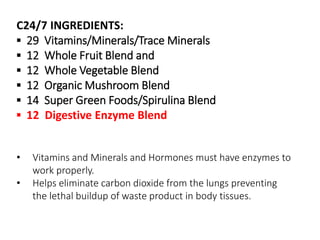 C24/7 INGREDIENTS: 
▪ 29 Vitamins/Minerals/Trace Minerals 
▪ 12 Whole Fruit Blend and 
▪ 12 Whole Vegetable Blend 
▪ 12 Organic Mushroom Blend 
▪ 14 Super Green Foods/Spirulina Blend 
▪ 12 Digestive Enzyme Blend 
• Vitamins and Minerals and Hormones must have enzymes to 
work properly. 
• Helps eliminate carbon dioxide from the lungs preventing 
the lethal buildup of waste product in body tissues. 
 