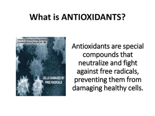 What is ANTIOXIDANTS? 
Antioxidants are special 
compounds that 
neutralize and fight 
against free radicals, 
preventing them from 
damaging healthy cells. 
 