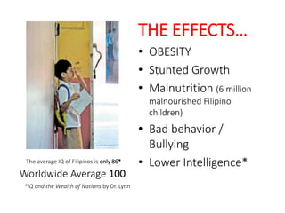 THE EFFECTS… 
• OBESITY 
• Stunted Growth 
• Malnutrition (6 million 
malnourished Filipino 
children) 
• Bad behavior / 
Bullying 
• Lower Intelligence* 
The average IQ of Filipinos is only 86* 
Worldwide Average 100 
*IQ and the Wealth of Nations by Dr. Lynn 
 