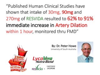 “Published Human Clinical Studies have 
shown that intake of 30mg, 90mg and 
270mg of RESVIDA resulted to 62% to 91% 
immediate increase in Artery Dilation 
within 1 hour, monitored thru FMD” 
By: Dr. Peter Howe 
University of South Australia 
+ 
CAROTENOID 
LYCOPENE 
 