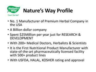 Nature’s Way Profile 
• No. 1 Manufacturer of Premium Herbal Company in 
the USA 
• A Billion dollar company 
• Spent $25Million per year just for RESEARCH & 
DEVELOPMENT 
• With 200+ Medical Doctors, Herbalists & Scientists 
• It is the First Nutritional Product Manufacturer with 
state-of-the-art pharmaceutically licensed facility 
with 500+ product lines 
• With USFDA, HALAL, KOSHER rating and approval 
 