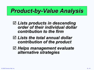 Product-by-Value Analysis Lists products in descending order of their individual dollar contribution to the firm Lists the total annual dollar contribution of the product Helps management evaluate alternative strategies 