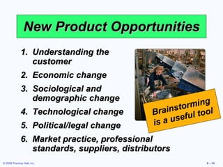 New Product Opportunities Understanding the  customer Economic change Sociological and  demographic change Technological change Political/legal change Market practice, professional standards, suppliers, distributors Brainstorming is a useful tool 