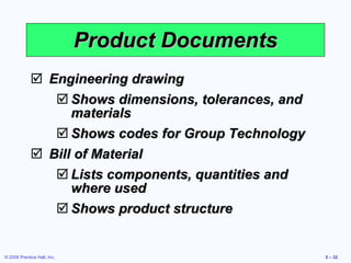Engineering drawing Shows dimensions, tolerances, and materials Shows codes for Group Technology Bill of Material  Lists components, quantities and where used Shows product structure Product Documents 