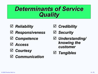 Determinants of Service Quality Reliability Responsiveness Competence Access Courtesy Communication Credibility Security Understanding/ knowing the customer Tangibles 