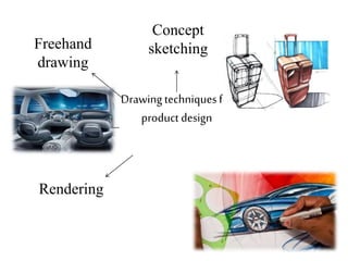 Drawing techniques for
product design
Freehand
drawing
Concept
sketching
Thematic
sketches
Schematic
sketches
Rendering
 