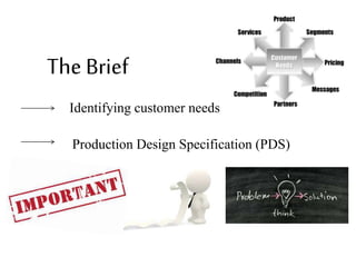 The Brief
Identifying customer needs
Production Design Specification (PDS)
 