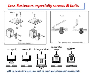Less Fasteners especially screws & bolts
Left to right: simplest, low cost to most parts hardest to assembly
 