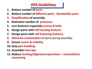 1. Reduce number of parts
2. Reduce number of different parts - Standardize parts
3. Simplification of assembly
4. Reduction number of processes
5. Less fasteners especially screws & bolts
6. Design parts with self-locating features
7. Design parts with self-fastening features.
8. Minimize reorientation of parts during assembly
9. Ensure access & visibility
10. Easy part handling
11. Assemble from top
12. Reduce locating/alignment operations – manual/time
consuming
DFA Guidelines
 