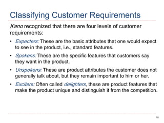 18
Classifying Customer Requirements
Kano recognized that there are four levels of customer
requirements:
• Expecters: These are the basic attributes that one would expect
to see in the product, i.e., standard features.
• Spokens: These are the specific features that customers say
they want in the product.
• Unspokens: These are product attributes the customer does not
generally talk about, but they remain important to him or her.
• Exciters: Often called delighters, these are product features that
make the product unique and distinguish it from the competition.
 