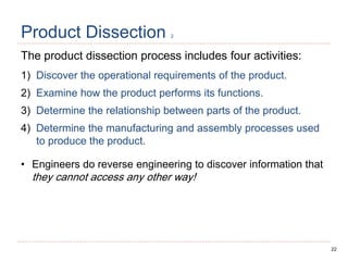 22
Product Dissection 2
The product dissection process includes four activities:
1) Discover the operational requirements of the product.
2) Examine how the product performs its functions.
3) Determine the relationship between parts of the product.
4) Determine the manufacturing and assembly processes used
to produce the product.
• Engineers do reverse engineering to discover information that
they cannot access any other way!
 