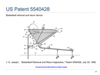 24
US Patent 5540428
Basketball retrieval and return device
J. G. Joseph, , “Basketball Retrieval and Return Apparatus,” Patent 5540428, July 30, 1996.
Access the text alternative for slide images
 