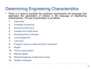 35
Determining Engineering Characteristics
• There is a need to translate the customer requirements into language that
expresses the parameters of interest in the language of engineering
characteristics. The set of parameters is as follows:
1. Catch area
2. Probability of jamming
3. Accuracy of ball return
4. Average time of ball return
5. Sensing position of shooter
6. Lane change time
7. Lane span
8. Energy or torque to rotate ball return subsystem
9. Weight
10. Time to install system
11. Material rigidity
12. Material toughness at attachment areas
13. Weather resistance
 