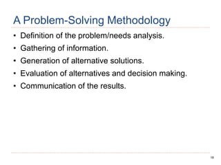 18
A Problem-Solving Methodology
• Definition of the problem/needs analysis.
• Gathering of information.
• Generation of alternative solutions.
• Evaluation of alternatives and decision making.
• Communication of the results.
 