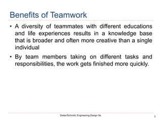 3
Dieter/Schmidt, Engineering Design 5e.
Benefits of Teamwork
• A diversity of teammates with different educations
and life experiences results in a knowledge base
that is broader and often more creative than a single
individual
• By team members taking on different tasks and
responsibilities, the work gets finished more quickly.
 