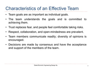 7
Dieter/Schmidt, Engineering Design 5e.
Characteristics of an Effective Team
• Team goals are as important as individual goals.
• The team understands the goals and is committed to
achieving them.
• Trust replaces fear, and people feel comfortable taking risks.
• Respect, collaboration, and open-mindedness are prevalent.
• Team members communicate readily; diversity of opinions is
encouraged.
• Decisions are made by consensus and have the acceptance
and support of the members of the team.
 