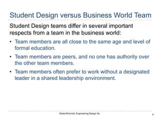 9
Dieter/Schmidt, Engineering Design 5e.
Student Design versus Business World Team
Student Design teams differ in several important
respects from a team in the business world:
• Team members are all close to the same age and level of
formal education.
• Team members are peers, and no one has authority over
the other team members.
• Team members often prefer to work without a designated
leader in a shared leadership environment.
 