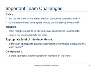 17
Dieter/Schmidt, Engineering Design 5e.
Important Team Challenges 1
Safety:
• Are the members of the team safe from destructive personal attacks?
• Can team members freely speak and act without feeling threatened?
Inclusion:
• Team members need to be allowed equal opportunities to participate.
• Rank is not important inside the team.
Appropriate level of interdependence:
• Is there an appropriate balance between the individuals’ needs and the
team needs?
Cohesiveness:
• Is there appropriate bonding between members of the team?
 