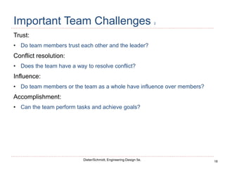 18
Dieter/Schmidt, Engineering Design 5e.
Important Team Challenges 2
Trust:
• Do team members trust each other and the leader?
Conflict resolution:
• Does the team have a way to resolve conflict?
Influence:
• Do team members or the team as a whole have influence over members?
Accomplishment:
• Can the team perform tasks and achieve goals?
 
