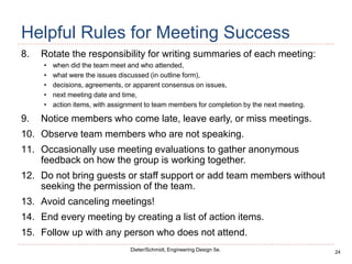 24
Dieter/Schmidt, Engineering Design 5e.
Helpful Rules for Meeting Success
8. Rotate the responsibility for writing summaries of each meeting:
• when did the team meet and who attended,
• what were the issues discussed (in outline form),
• decisions, agreements, or apparent consensus on issues,
• next meeting date and time,
• action items, with assignment to team members for completion by the next meeting.
9. Notice members who come late, leave early, or miss meetings.
10. Observe team members who are not speaking.
11. Occasionally use meeting evaluations to gather anonymous
feedback on how the group is working together.
12. Do not bring guests or staff support or add team members without
seeking the permission of the team.
13. Avoid canceling meetings!
14. End every meeting by creating a list of action items.
15. Follow up with any person who does not attend.
 