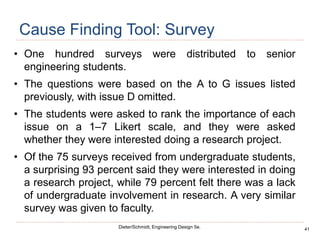 41
Dieter/Schmidt, Engineering Design 5e.
Cause Finding Tool: Survey
• One hundred surveys were distributed to senior
engineering students.
• The questions were based on the A to G issues listed
previously, with issue D omitted.
• The students were asked to rank the importance of each
issue on a 1–7 Likert scale, and they were asked
whether they were interested doing a research project.
• Of the 75 surveys received from undergraduate students,
a surprising 93 percent said they were interested in doing
a research project, while 79 percent felt there was a lack
of undergraduate involvement in research. A very similar
survey was given to faculty.
 