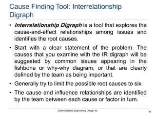 48
Dieter/Schmidt, Engineering Design 5e.
Cause Finding Tool: Interrelationship
Digraph
• Interrelationship Digraph is a tool that explores the
cause-and-effect relationships among issues and
identifies the root causes.
• Start with a clear statement of the problem. The
causes that you examine with the IR digraph will be
suggested by common issues appearing in the
fishbone or why-why diagram, or that are clearly
defined by the team as being important.
• Generally try to limit the possible root causes to six.
• The cause and influence relationships are identified
by the team between each cause or factor in turn.
 