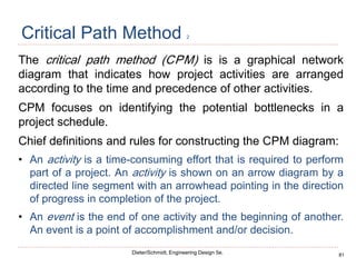 81
Dieter/Schmidt, Engineering Design 5e.
Critical Path Method 2
The critical path method (CPM) is is a graphical network
diagram that indicates how project activities are arranged
according to the time and precedence of other activities.
CPM focuses on identifying the potential bottlenecks in a
project schedule.
Chief definitions and rules for constructing the CPM diagram:
• An activity is a time-consuming effort that is required to perform
part of a project. An activity is shown on an arrow diagram by a
directed line segment with an arrowhead pointing in the direction
of progress in completion of the project.
• An event is the end of one activity and the beginning of another.
An event is a point of accomplishment and/or decision.
 