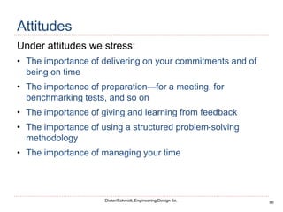 90
Dieter/Schmidt, Engineering Design 5e.
Attitudes
Under attitudes we stress:
• The importance of delivering on your commitments and of
being on time
• The importance of preparation—for a meeting, for
benchmarking tests, and so on
• The importance of giving and learning from feedback
• The importance of using a structured problem-solving
methodology
• The importance of managing your time
 