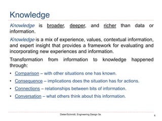 6
Dieter/Schmidt, Engineering Design 5e.
Knowledge
Knowledge is broader, deeper, and richer than data or
information.
Knowledge is a mix of experience, values, contextual information,
and expert insight that provides a framework for evaluating and
incorporating new experiences and information.
Transformation from information to knowledge happened
through:
• Comparison – with other situations one has known.
• Consequence – implications does the situation has for actions.
• Connections – relationships between bits of information.
• Conversation – what others think about this information.
 