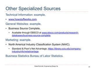 23
Dieter/Schmidt, Engineering Design 5e.
Other Specialized Sources
Technical Information: example,
• www.howstuffworks.com.
General Websites: example,
• Business Source Complete,
• Available through EBSCO at www.ebsco.com/products/research-
databases/business-source-complete.
Marketing: example.
• North Americal Industry Classification System (NAIC).
• Standard & Poor’s Net Advantage, https://library.ccis.edu/company-
industryinfo/netadvantage.
Business Statistics Bureau of Labor Statistics.
 