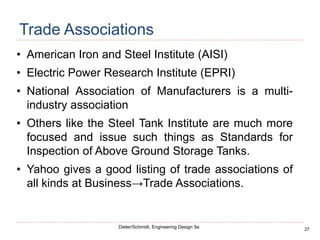27
Dieter/Schmidt, Engineering Design 5e.
Trade Associations
• American Iron and Steel Institute (AISI)
• Electric Power Research Institute (EPRI)
• National Association of Manufacturers is a multi-
industry association
• Others like the Steel Tank Institute are much more
focused and issue such things as Standards for
Inspection of Above Ground Storage Tanks.
• Yahoo gives a good listing of trade associations of
all kinds at Business→Trade Associations.
 