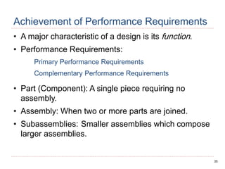 35
Achievement of Performance Requirements
• A major characteristic of a design is its function.
• Performance Requirements:
Primary Performance Requirements
Complementary Performance Requirements
• Part (Component): A single piece requiring no
assembly.
• Assembly: When two or more parts are joined.
• Subassemblies: Smaller assemblies which compose
larger assemblies.
 