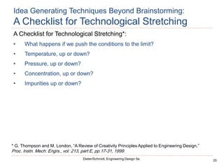 25
Dieter/Schmidt, Engineering Design 5e.
A Checklist for Technological Stretching*:
• What happens if we push the conditions to the limit?
• Temperature, up or down?
• Pressure, up or down?
• Concentration, up or down?
• Impurities up or down?
* G. Thompson and M. London, “A Review of Creativity Principles Applied to Engineering Design,”
Proc. Instn. Mech. Engrs., vol. 213, part E, pp.17-31, 1999.
Idea Generating Techniques Beyond Brainstorming:
A Checklist for Technological Stretching
 