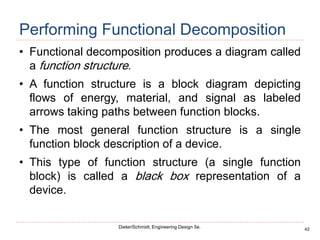 42
Dieter/Schmidt, Engineering Design 5e.
Performing Functional Decomposition
• Functional decomposition produces a diagram called
a function structure.
• A function structure is a block diagram depicting
flows of energy, material, and signal as labeled
arrows taking paths between function blocks.
• The most general function structure is a single
function block description of a device.
• This type of function structure (a single function
block) is called a black box representation of a
device.
 