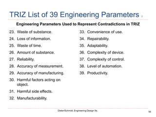 58
Dieter/Schmidt, Engineering Design 5e.
TRIZ List of 39 Engineering Parameters 2
Engineering Parameters Used to Represent Contradictions in TRIZ
23. Waste of substance.
24. Loss of information.
25. Waste of time.
26. Amount of substance.
27. Reliability.
28. Accuracy of measurement.
29. Accuracy of manufacturing.
30. Harmful factors acting on
object.
31. Harmful side effects.
32. Manufacturability.
33. Convenience of use.
34. Repairability.
35. Adaptability.
36. Complexity of device.
37. Complexity of control.
38. Level of automation.
39. Productivity.
 