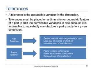 55
Dieter/Schmidt, Engineering Design 5e.
Tolerances
• A tolerance is the acceptable variation in the dimension.
• Tolerances must be placed on a dimension or geometric feature
of a part to limit the permissible variations in size because it is
impossible to repeatedly manufacture a part exactly to a given
dimension.
 