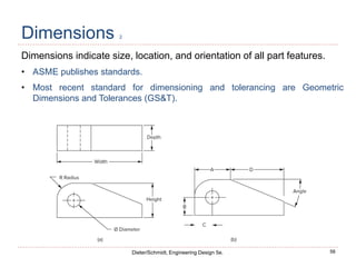 56
Dieter/Schmidt, Engineering Design 5e.
Dimensions 2
Dimensions indicate size, location, and orientation of all part features.
• ASME publishes standards.
• Most recent standard for dimensioning and tolerancing are Geometric
Dimensions and Tolerances (GS&T).
 