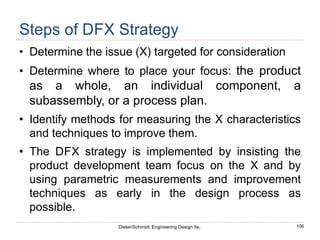 106
Dieter/Schmidt, Engineering Design 5e.
Steps of DFX Strategy
• Determine the issue (X) targeted for consideration
• Determine where to place your focus: the product
as a whole, an individual component, a
subassembly, or a process plan.
• Identify methods for measuring the X characteristics
and techniques to improve them.
• The DFX strategy is implemented by insisting the
product development team focus on the X and by
using parametric measurements and improvement
techniques as early in the design process as
possible.
 