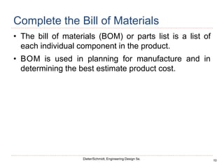 10
Dieter/Schmidt, Engineering Design 5e.
Complete the Bill of Materials
• The bill of materials (BOM) or parts list is a list of
each individual component in the product.
• BOM is used in planning for manufacture and in
determining the best estimate product cost.
 