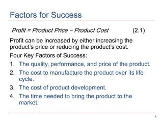 6
Factors for Success
Profit = Product Price − Product Cost (2.1)
Profit can be increased by either increasing the
product’s price or reducing the product’s cost.
Four Key Factors of Success:
1. The quality, performance, and price of the product.
2. The cost to manufacture the product over its life
cycle.
3. The cost of product development.
4. The time needed to bring the product to the
market.
 