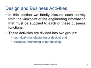 39
Dieter/Schmidt, Engineering Design 5e.
Design and Business Activities
• In this section we briefly discuss each activity
from the viewpoint of the engineering information
that must be supplied to each of these business
functions.
• These activities are divided into two groups:
• technical (manufacturing or design) and
• business (marketing or purchasing).
 