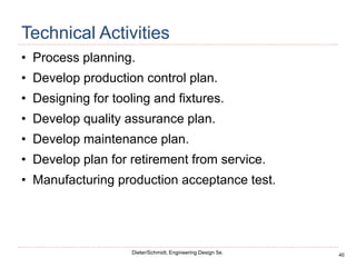 40
Dieter/Schmidt, Engineering Design 5e.
Technical Activities
• Process planning.
• Develop production control plan.
• Designing for tooling and fixtures.
• Develop quality assurance plan.
• Develop maintenance plan.
• Develop plan for retirement from service.
• Manufacturing production acceptance test.
 