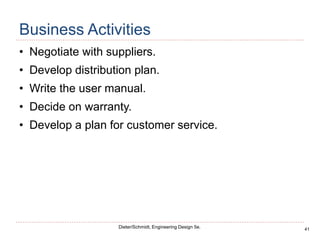 41
Dieter/Schmidt, Engineering Design 5e.
Business Activities
• Negotiate with suppliers.
• Develop distribution plan.
• Write the user manual.
• Decide on warranty.
• Develop a plan for customer service.
 
